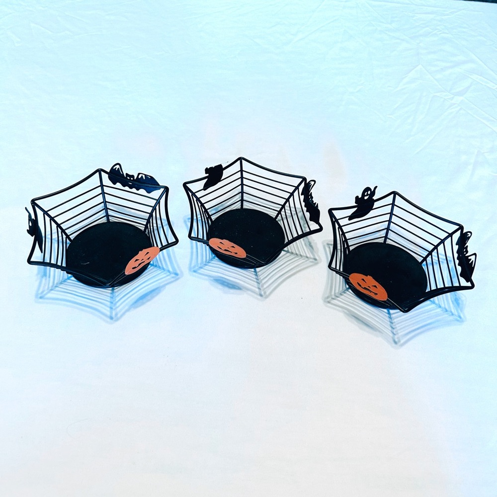 Halloween Pumpkin and Bat Metal Set of 3 Candle Holders